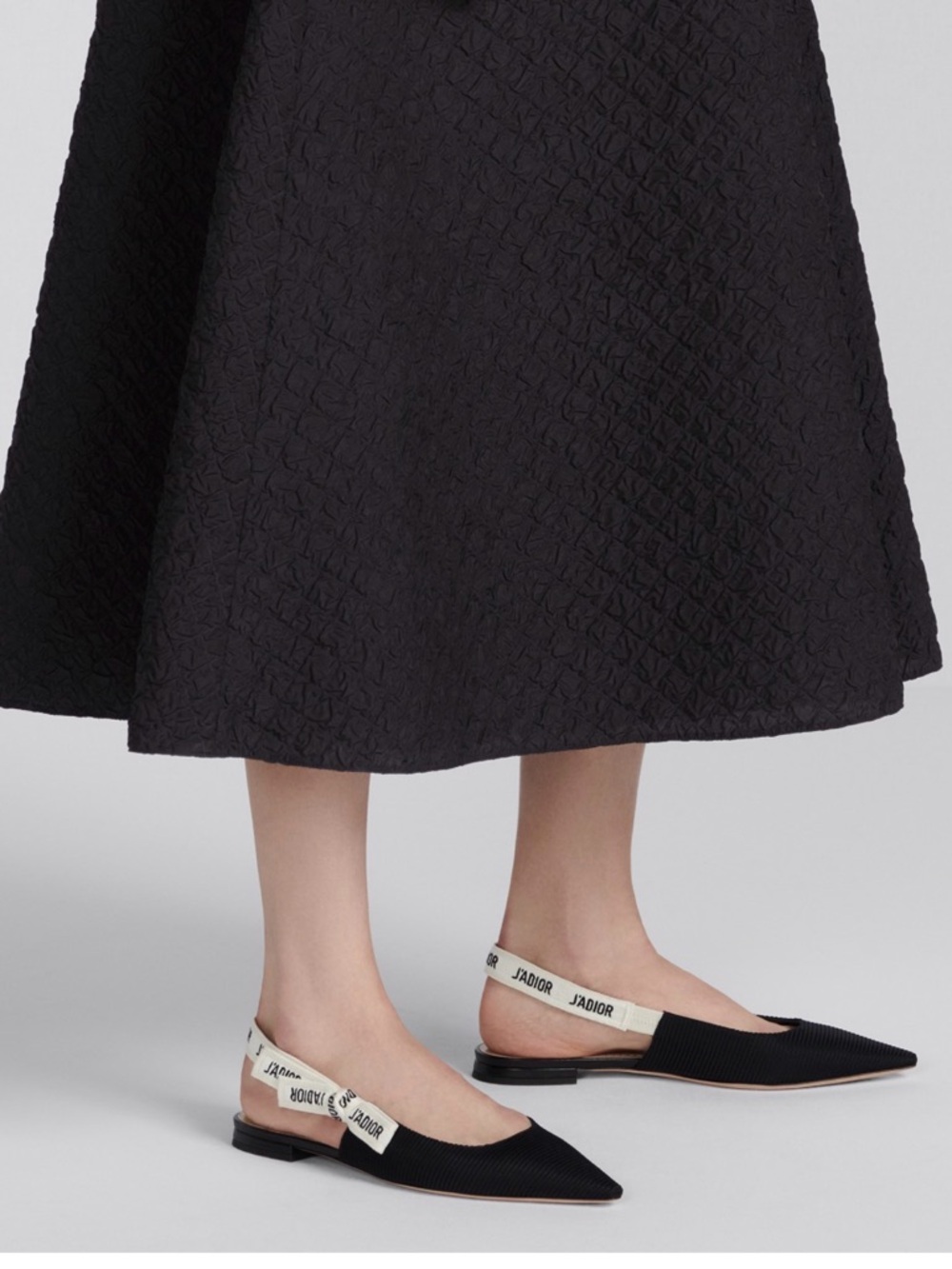 Dior Black Pointed Slingback Flats with White J'Adior Ribbon